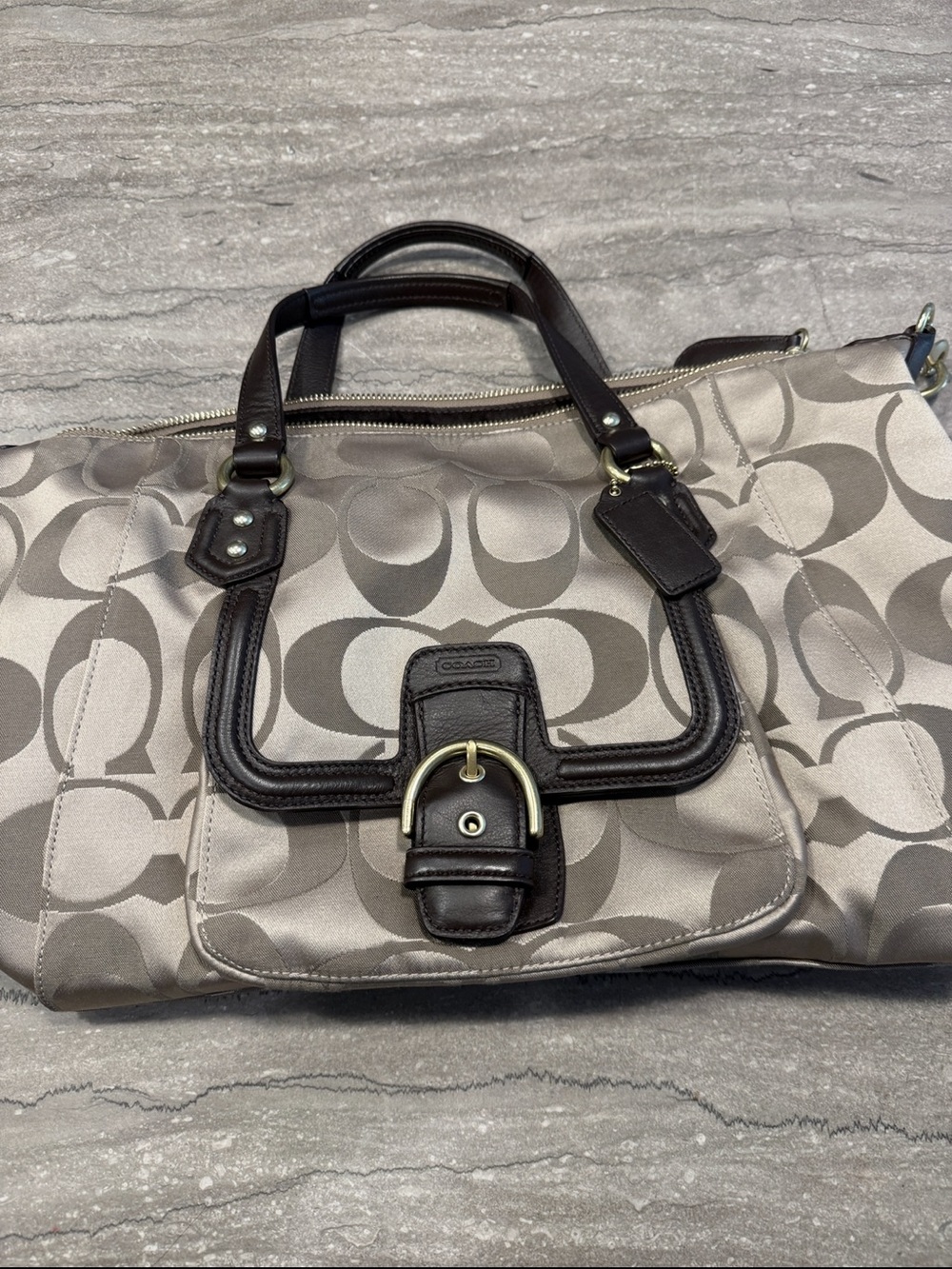 Coach Neutral Signature Tote with Chocolate Leather Trim